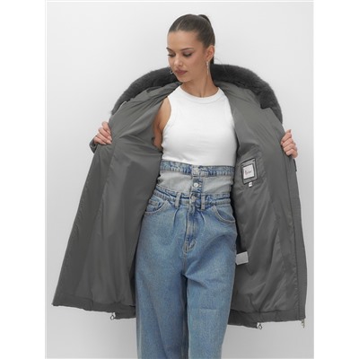 Пальто зимнее утепленное с мехом и капюшоном тренд темно-зеленого цвета 7630TZ