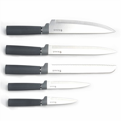 НАБОР AGNESS ИЗ 10ПР: 5 НОЖЕЙ, 4 ДОСКИ И ПОДСТАВКА, ЦВЕТ: ЧЕРНО-СЕРЫЙ