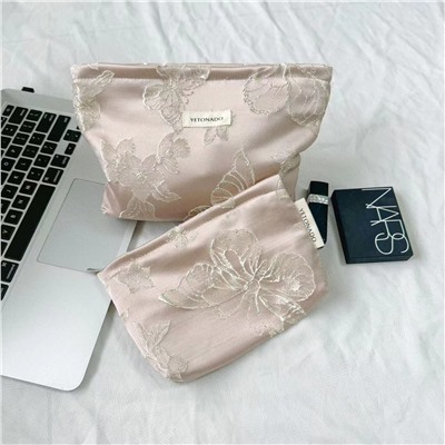 Capacious cosmetic bag, handheld organizer bag to go out, travel bag, liner, with embroidery