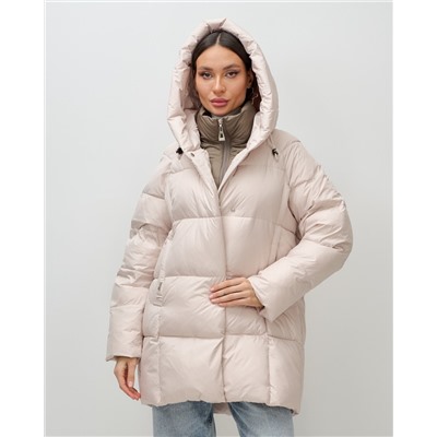 Куртка двубортная женская зимняя с капюшоном бежевого цвета 7736B