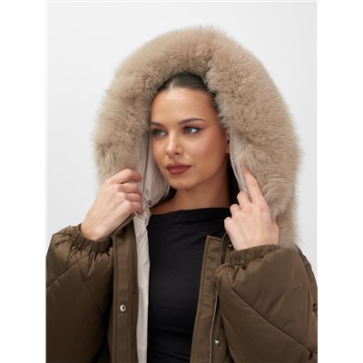 Пальто зимнее утепленное с мехом и капюшоном тренд горчичного цвета 7629G