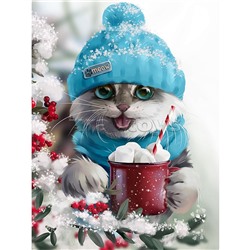 Алмазная мозаика 17х22 "Котик с какао" c подр., с полн. заполн. (20цв) (блест.)