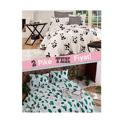 200x235 см. 2 сп. Евро 2 шт. Покрывало Вафельное Panda + Kaktüs Yeşil