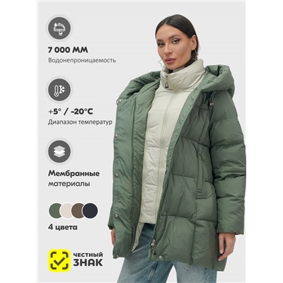 Куртка двубортная женская зимняя с капюшоном цвета хаки 7736Kh