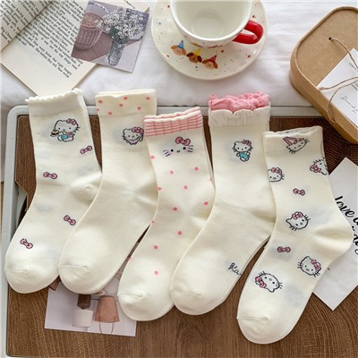 Cute summer cotton cartoon knee socks with bow, mid-length