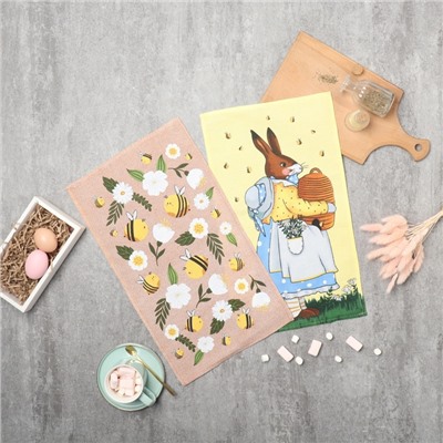 Набор кухонных полотенец Доляна Bee and bunny 2 шт., 28×46 см, рогожка, 100% хлопок, 160 г/м²