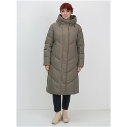 Пальто зимнее утепленное с капюшоном женское светло-коричневого цвета 7628SK