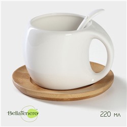 Чайная пара с ложкой BellaTenero, 3 предмета: чашка 220 мл, керамика, ложка, деревянное блюдце, белая