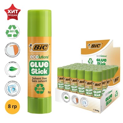 Клей-карандаш, 8 грамм, BIC Ecolutions, твердый, с яблочным запахом, прозрачный, водно-спиртовая основа
