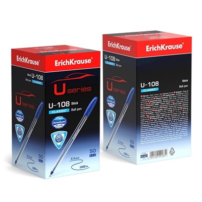 Ручка шариковая ErichKrause U-108 Classic Stick, игольчатый узел 1.0 мм, чернила синие, ультра-мягкое письмо
