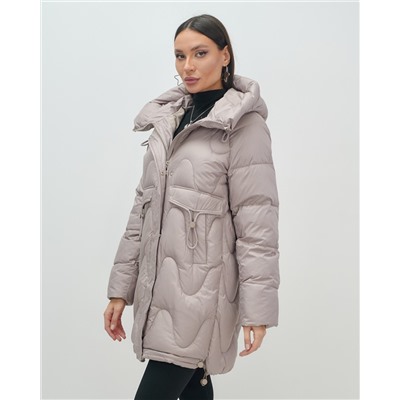 Куртка зимняя женская с капюшоном модная светло-коричневого цвета 7653SK