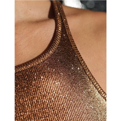 Топ с закрытым декольте из хлопка с эластаном в рубчик с матовым покрытием металлик