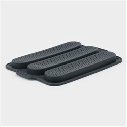 Форма для выпечки «Багет», силикон, 34.5×24×2.2 см, 3 ячейки (28×6×2 см), перфорированная, тёмно-серая