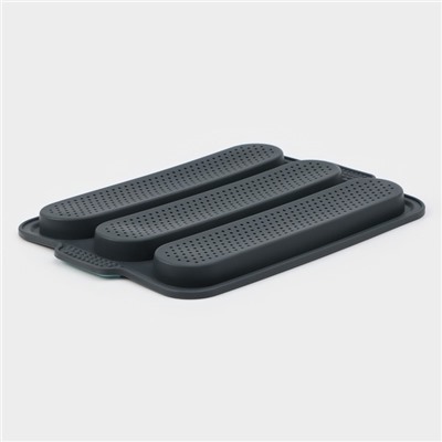 Форма для выпечки «Багет», силикон, 34.5×24×2.2 см, 3 ячейки (28×6×2 см), перфорированная, тёмно-серая