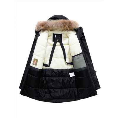 Парка зимняя подростковая для мальчика с капюшоном и мехом черного цвета 9535Ch