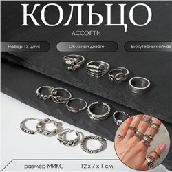 Кольца набор 13 штук «Ассорти» скелет, змея, размер МИКС, цвет чернёное серебро