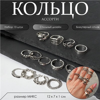 Кольца набор 13 штук «Ассорти» скелет, змея, размер МИКС, цвет чернёное серебро
