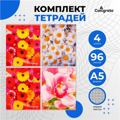 Набор тетрадей 96 листов в клетку Calligrata "Цветы-1", обложка мелованный картон, блок №2, белизна 75% (серые листы), 4 шт.