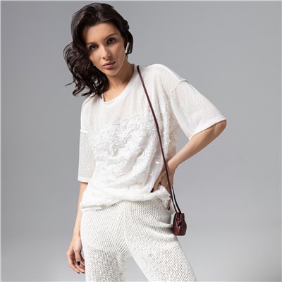 Футболка комбинированная с вышивкой, Буду тебе сниться (айвори)