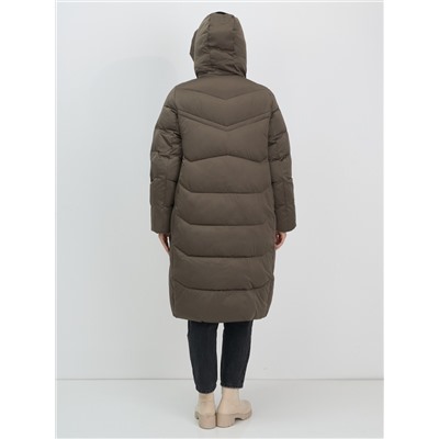 Пальто зимнее утепленное с капюшоном женское коричневого цвета 7702K