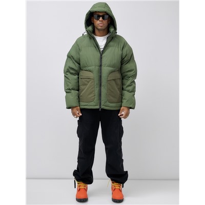 Куртка молодежная мужская зимняя с капюшоном цвета хаки 25307Kh