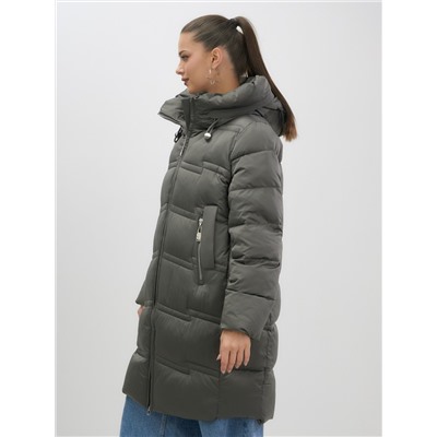 Пальто зимнее утепленное с капюшоном женское темно-зеленого цвета 7779TZ