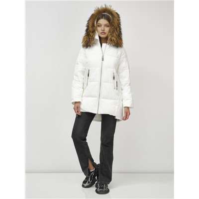 Куртка женская зимняя с мехом енот премиум класса белого цвета 381Bl