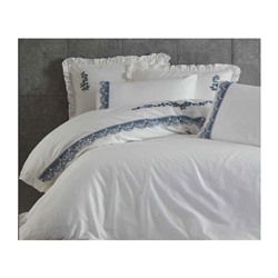 2 сп. Евро Комплект Постельного Белья Cotton Saten Asel Krem-Mavi Çift - EcoCotton