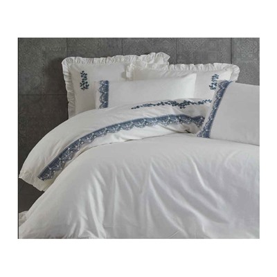 2 сп. Евро Комплект Постельного Белья Cotton Saten Asel Krem-Mavi Çift - EcoCotton