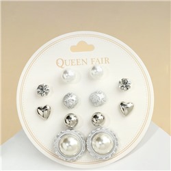 Серьги пусеты QF «Жемчужные», 6 пар, планеты, белые в серебре