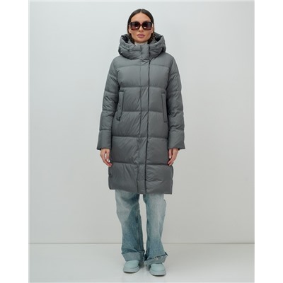 Пальто зимнее утепленное с капюшоном женское темно-серого цвета 7618TC