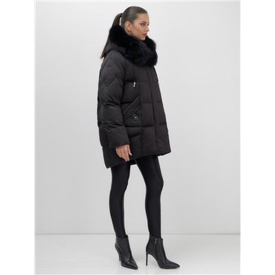 Куртка зимняя женская с мехом и капюшоном тренд черного цвета 7660Ch