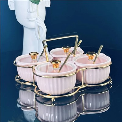 106-318 Набор из 4 баночек150 мл для специй с ложками на подставке в под.уп.(х12)Фарфор