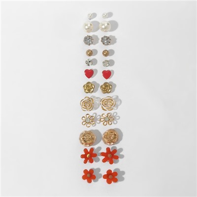 Серьги пусеты One year, 12 пар, цветочное ассорти, бело-розовые в золоте