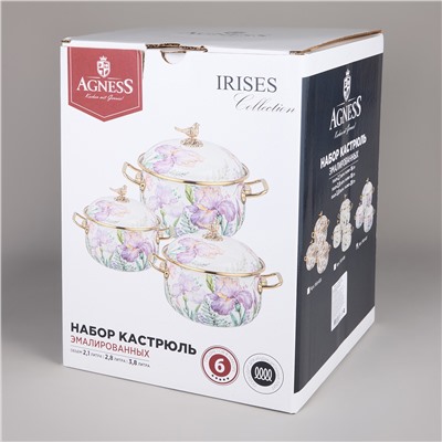 НАБОР КАСТРЮЛЬ AGNESS ЭМАЛИРОВАННЫХ СЕРИЯ "IRISES", 6ПР. 2,1Л, 2,8Л И 3,8Л