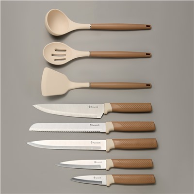 НАБОР AGNESS ИЗ 9ПР: 5 НОЖЕЙ, ПОЛОВНИК, ЛОПАТКА И ШУМОВКА, ВРАЩАЮЩАЯСЯ ПОДСТАВКА