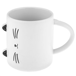 Кружка фарфоровая "Кисуля" 350мл, д8,1см h9,4см, матовая глазурь, с деколью, цвет - белый, ложка нерж. 15см с декором, фарфоровая крышка, цвет - белый, д/горла 7,7см, д/основания 6,7см, в подарочной коробке (Китай)