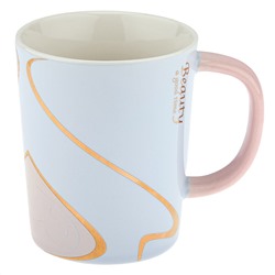 Кружка фарфоровая "Акварель" 320мл, д8,4см h10см, глянцевая глазурь, деколь с золотом, цвет - светло-голубой, ложка нерж. 14,3см, фарфоровая крышка, д/горла 8,2см, д/основания 6,7см, в подарочной коробке (Китай)