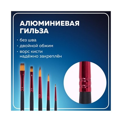 Кисти BRAUBERG PREMIUM, набор 5шт. (синтетика, круглая №1,3,5, плоская №5,8), блистер, 201024