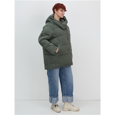 Куртка зимняя женская с капюшоном модная цвета хаки 7651Kh