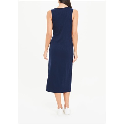 Navy Sleeveless Ribbed Jersey Popper Midi Dress