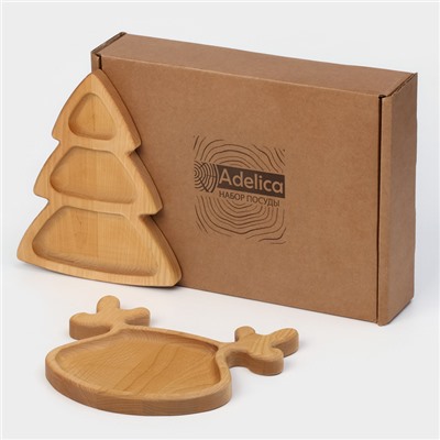 Подарочный набор посуды Adelica «Новогодний олень», 2 предмета: ёлка 22×18 см, тарелка 22×20 см, дерево берёза