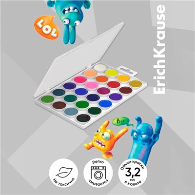 Акварель ErichKrause «Jolly Friends», 24 цвета, матовые насыщенные цвета, пластиковая коробка с европодвесом