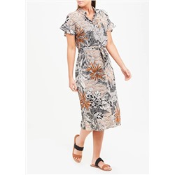 Short Sleeve Palm Print Midi Shirt Dress
