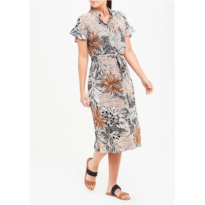 Short Sleeve Palm Print Midi Shirt Dress
