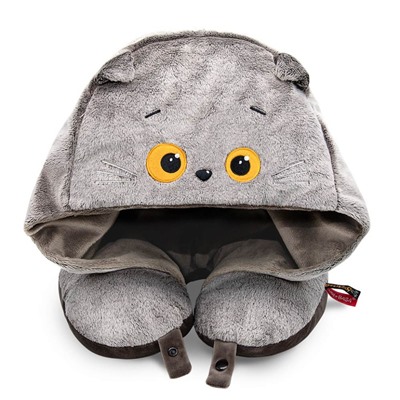 Мягкая игрушка "Кот Басик подушка на шею с капюшоном" (32 см)