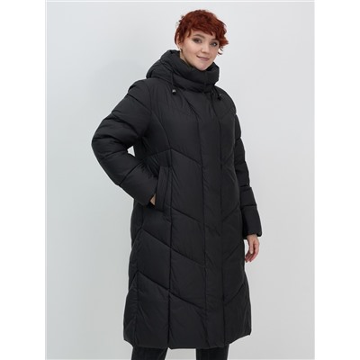 Пальто зимнее утепленное с капюшоном женское черного цвета 7628Ch