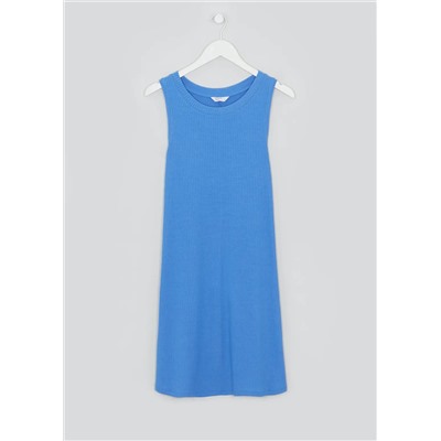 Blue Sleeveless Ribbed Jersey Swing Dress