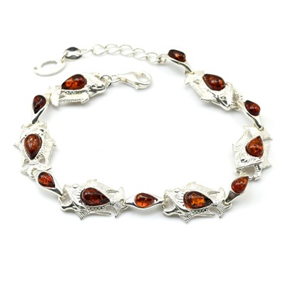 Браслет с янтарем С925 "пиранья" 13*20мм, 5*13мм коньячный, 19,5см, 15г