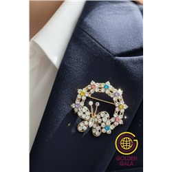 Брошь со стазами круглая с бабочкой  БР4/8